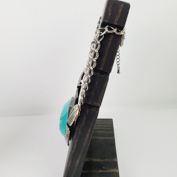 Silver Faux Turquoise Swirled Feather Large Statement Necklace - Picture 3 of 4